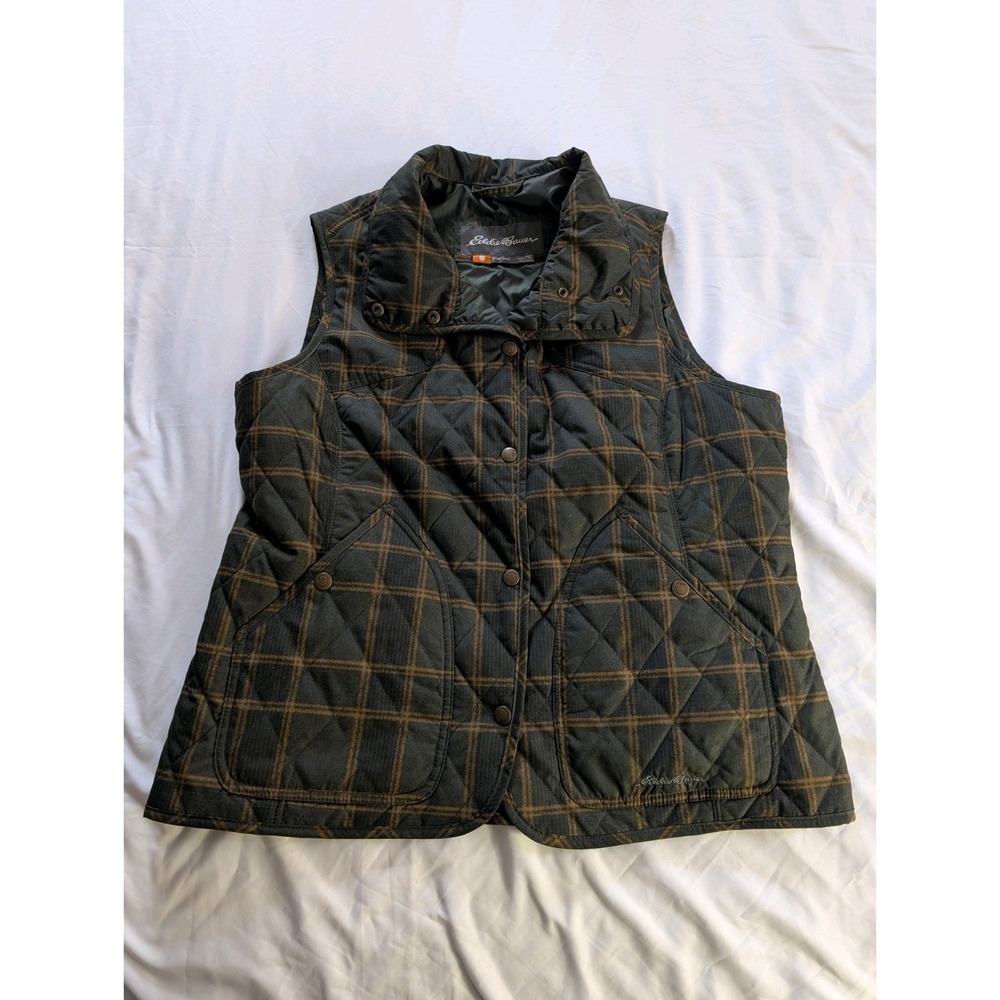 Eddie Bauer Women's Petite XL Green Plaid Puffy Down Vest With Snap Buttons‎